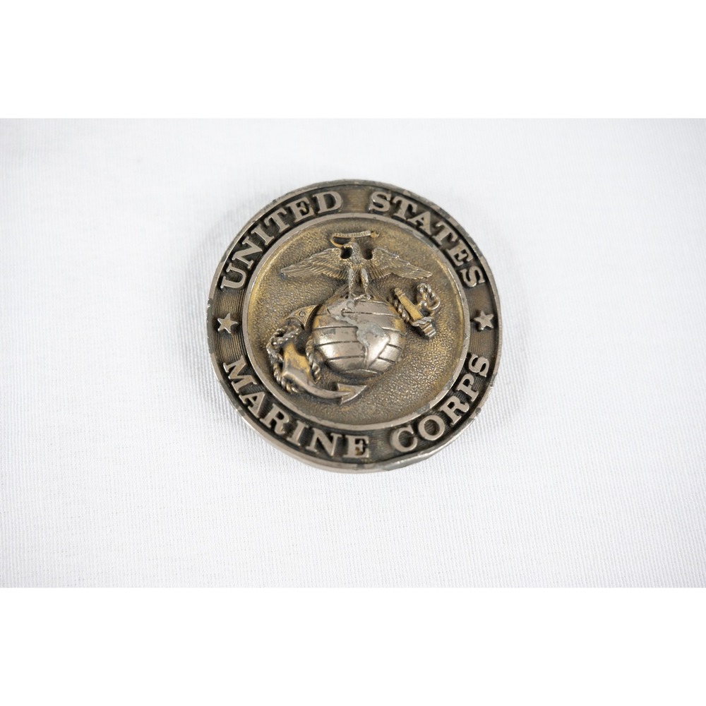 USMC Belt Buckle Brass Good Vintage Eagle Globe Anchor Military‎ Round Medallion